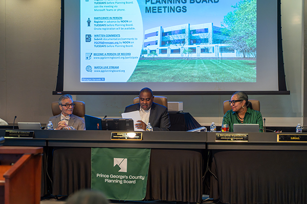 A man in a gray suit with bowtie and woman in green striped shirt look toward the middle at Planning Board Chairman, Darryl Barnes.